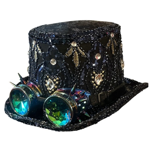 Burning Man Sequin Steampunk Top Hat with Removable Goggles - Picture 4 of 5
